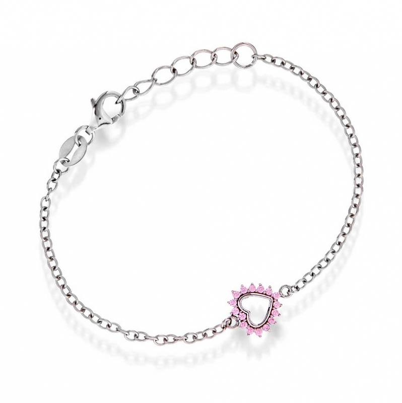 Armband i sølv, hjerte med rosa zirkonia