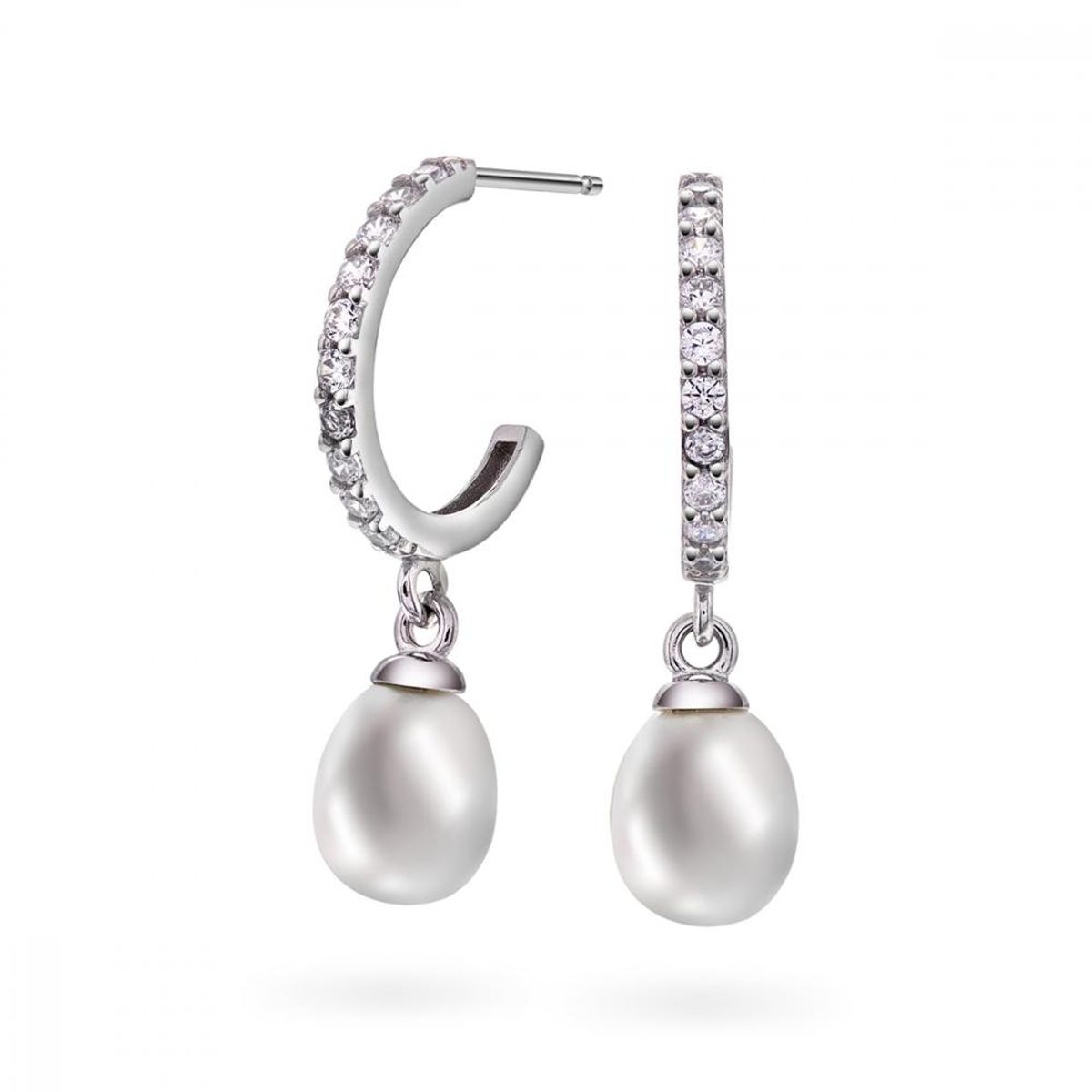 Halvkreoler i rhodinert sølv med ferskvannsperle og zirkonia