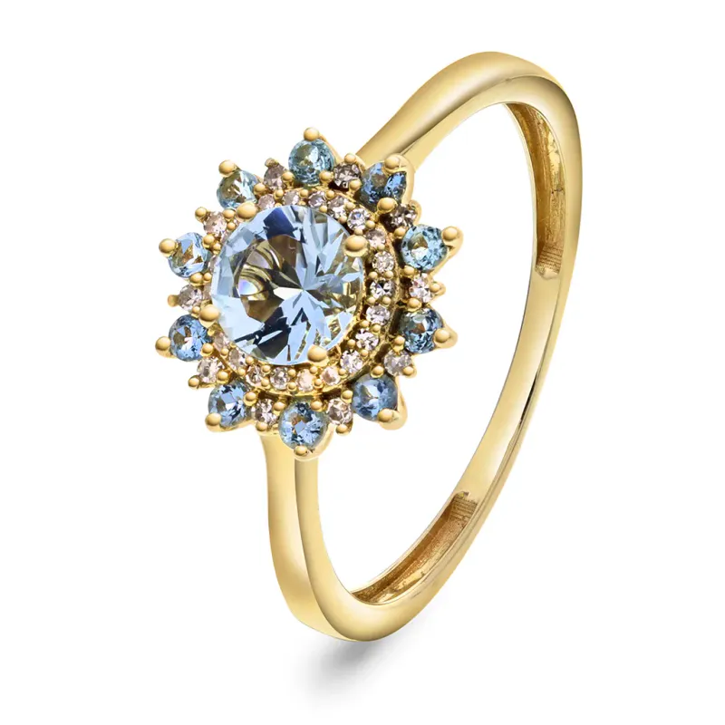 Ring i gull med aquamarin og diamant