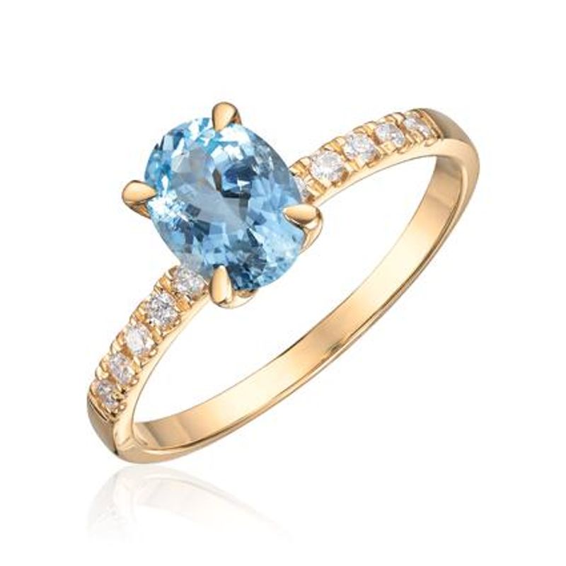 Ring Olivia i gull med diamanter og akvamarin oval midtstein
